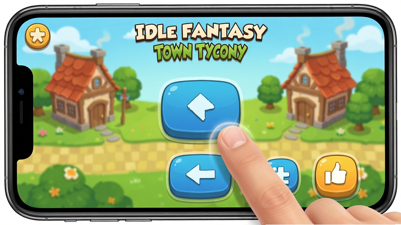 Idle Fantasy Town Tycoon mobile interface optimization, large clickable buttons, simple UI, finger touching screen, clean background, user friendly design, mobile game screenshot style, crisp and clear