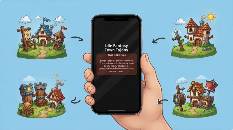 Idle Fantasy Town Tycoon mobile troubleshooting, phone screen showing error message, hand holding phone, clean background, helpful tips illustration, digital art, clear and simple