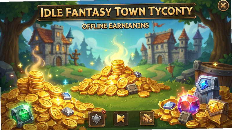 Idle Fantasy Town Tycoon offline earnings screen, piles of gold coins and resources, fantasy style, glowing effects, clean layout, digital art, high detail, no text