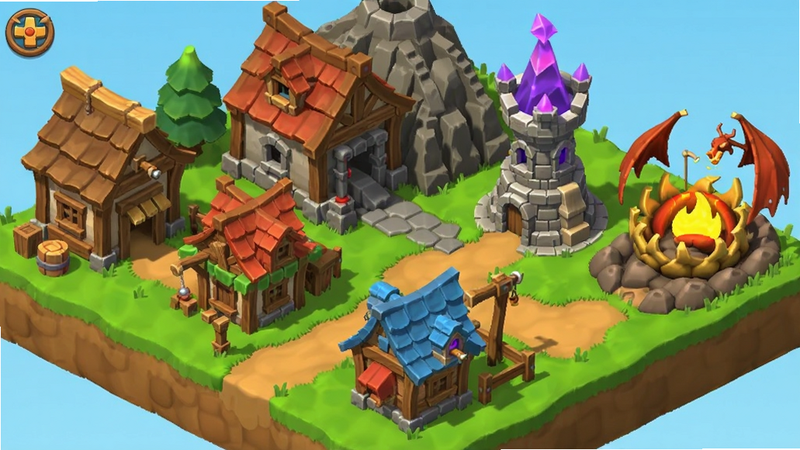 Idle Fantasy Town Tycoon building variety, showing wood cutter, mine, magic tower, dragon nest, isometric view, colorful fantasy architecture, organized layout, bright colors, game asset style, high quality
