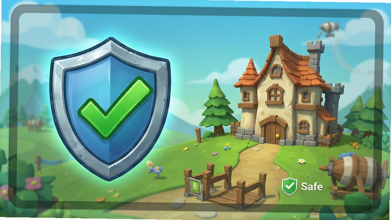 Idle Fantasy Town Tycoon security check, shield icon, green checkmark, clean background, digital illustration, trustworthy, safe, high quality