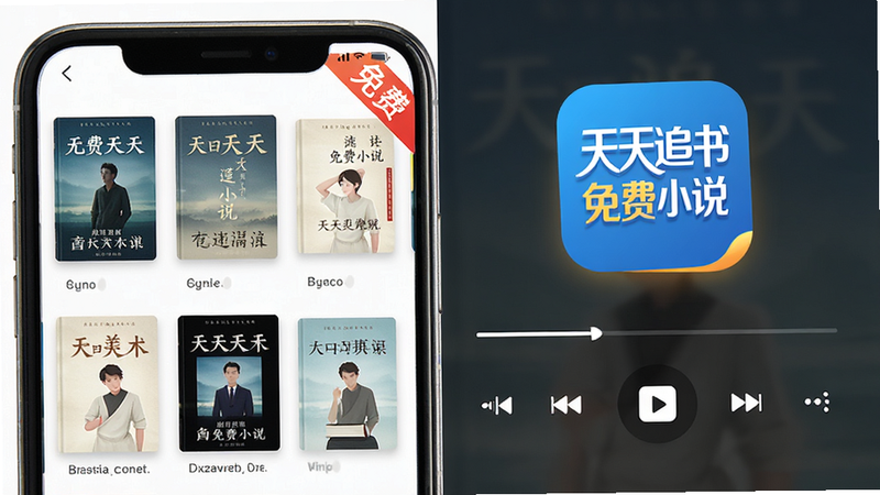 主体为手机应用界面展示,布局采用左右分栏设计,左侧是书籍封面列表,右侧是播放控制栏,排版清晰整洁,风格为扁平化现代UI,细节处显示高亮的“天天追书免费小说”Logo及“免费”角标,画质高清,干净无多余元素