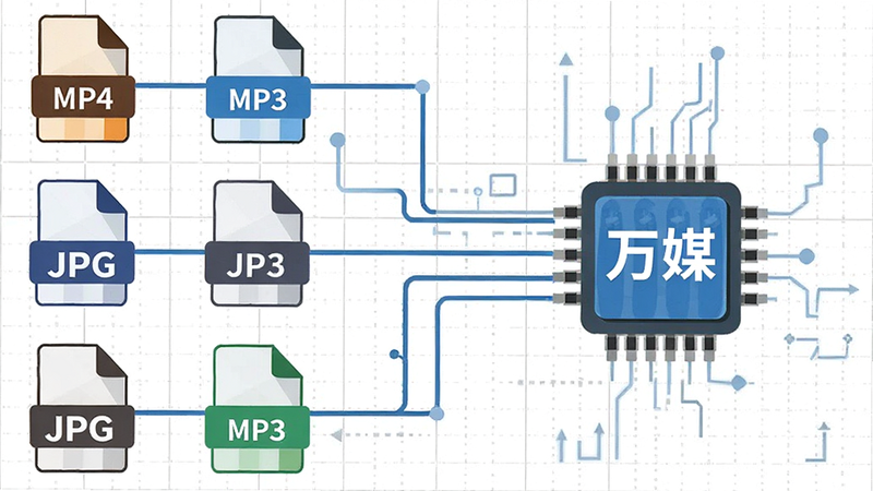 һ��ͼ�����Ĳ廭��չʾ�����ļ���ʽͼ�꣨��MP4, MP3, JPG��ͨ���������ӵ�һ�����ܴ��������������ϱ�ע����ý��������Ϊ��ɫ���񣬲������룬����ƽ����ϸ�����������ʸߣ��ɾ�����㣬���֡�����ʶ�𡱺͡���ý����ע׼ȷ