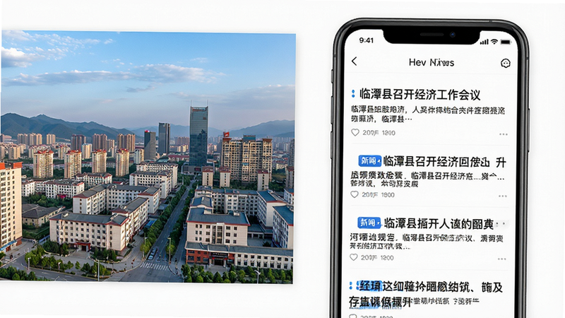 一组拼贴风格的图片展示,左侧是临潭县的城市天际线照片,右侧是APP内的新闻列表界面,新闻标题清晰可见,如