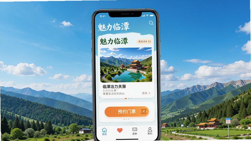 一张以临潭冶力关景区为背景的APP界面设计图,屏幕中央显示