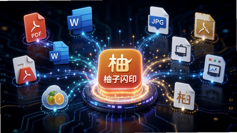 展示“柚子闪印”处理多种文件类型的示意图,画面中悬浮着PDF、Word、JPG等图标,汇聚进入一个发光的“柚子闪印”Logo中心,体现强大的兼容性,科技风格,线条流畅,色彩明亮,高清渲染