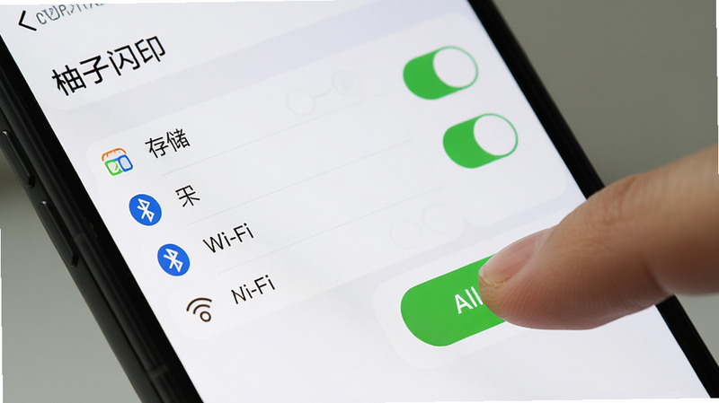 手机设置界面特写,显示“柚子闪印”的权限设置页面,包括存储、蓝牙、Wi-Fi等权限开关,界面清晰,手指正在点击允许按钮,体现授权过程,写实风格,细节清晰,高清晰度