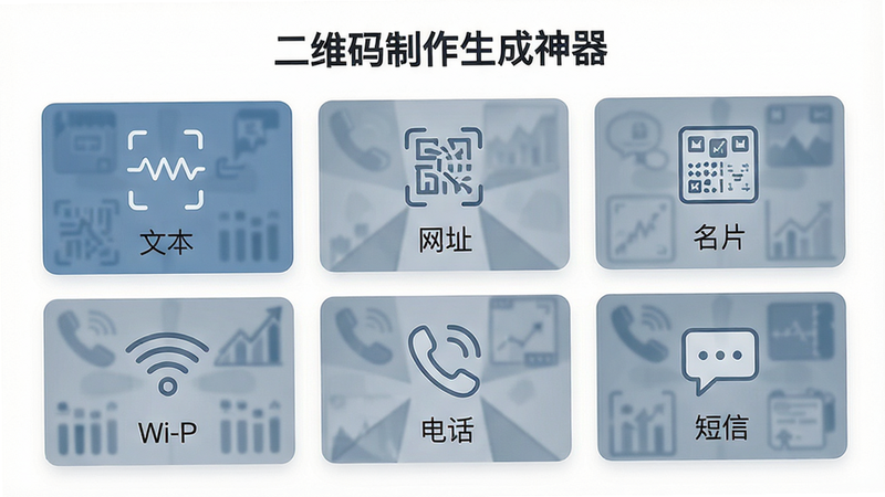 主体展示“二维码制作生成神器”的多功能选择界面,布局为网格状排列,包含六个图标卡片,分别代表文本、网址、名片、Wi-Fi、电话、短信,每个图标下方有简短中文标签,背景为白色,图标采用线性风格,颜色为蓝灰配色,排版整齐,风格简约现代,细节精致,画质清晰,干净,无多余元素