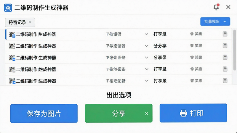 主体展示“二维码制作生成神器”的批量处理与导出界面,布局上部为列表视图,显示多条待生成的记录,下部为导出选项按钮,包括“保存为图片”、“分享”、“打印”,背景为白色,风格商务简洁,细节清晰,画质高清,干净,无多余元素