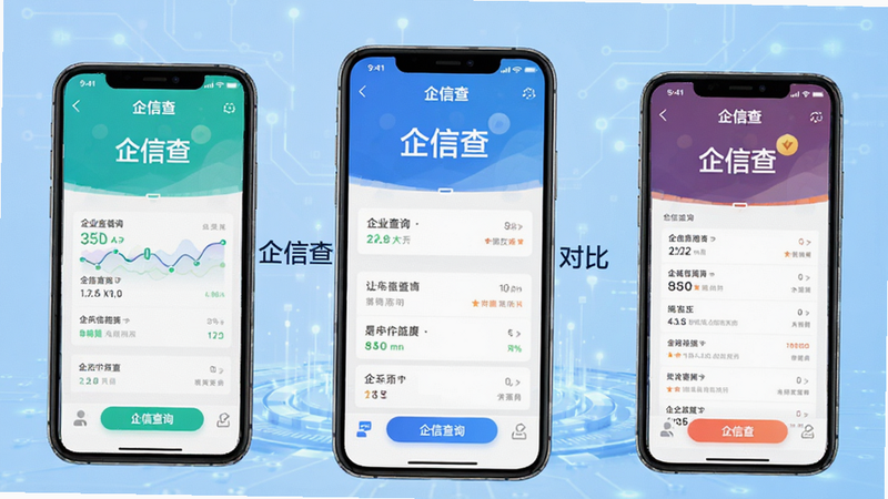 主体为三款企业查询APP的界面并排对比图,中间突出企信查,背景为浅蓝色科技风,布局对称,排版清晰,风格对比鲜明,细节完整,画质高清,干净无干扰,文字包含