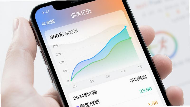 主体为手机屏幕,显示'体测圈'APP的'训练记录'页面。布局包含折线图,展示用户近一周的'800米'成绩变化趋势,线条平滑上升。下方列出具体训练日期和耗时。排版注重数据可视化,使用不同颜色区分最佳成绩和平均成绩。风格现代简约,细节处有轻微的渐变背景,画质高分辨率,无干扰元素