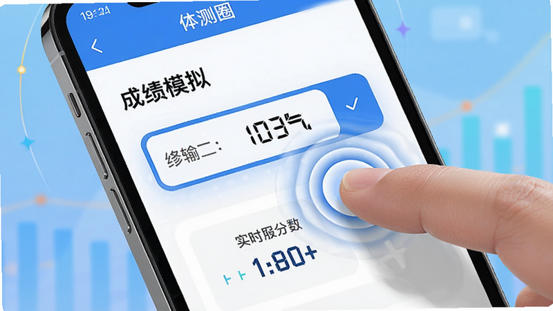 主体为手机屏幕,显示'体测圈'APP的'成绩模拟'页面。布局展示一个输入框,用户正在修改数字,下方实时刷新分数。排版强调交互性,有手指点击的视觉效果。风格为动态UI设计,细节处有点击涟漪效果,画质清晰,无模糊