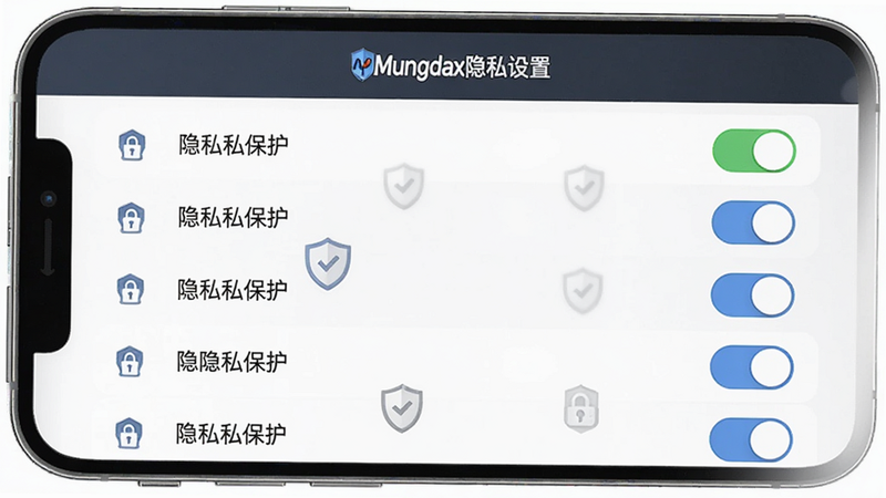 主体为Mungdax隐私设置页面,布局为列表式开关选项,风格安全严谨,细节包含锁形图标与隐私保护盾牌符号,画质清晰,干净,无多余元素,文字