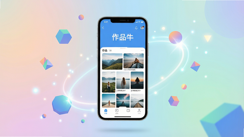 一部现代智能手机悬浮在画面中央,屏幕显示着“作品牛”APP的主界面,界面色调以清新蓝白为主,展示着精美的摄影作品网格布局。背景是柔和的渐变色,周围漂浮着若干抽象的几何图形和光效,象征创意与科技感。主体清晰,布局居中,排版简洁,风格扁平化且现代,细节丰富,画质4k高清,干净无多余元素,文字“作品牛”清晰可见。
