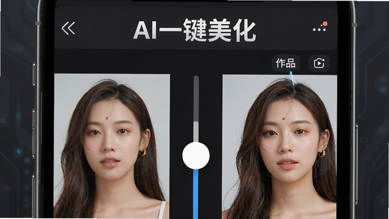 手机屏幕特写,展示“作品牛”APP内的AI修图界面,左侧是原图,右侧是修图后的对比效果,中间有明显的滑动条控件。界面上方有“AI一键美化”字样,字体加粗。背景为深灰色,突出屏幕内容。风格科技感强,细节精致,画质高清,无其他干扰元素。