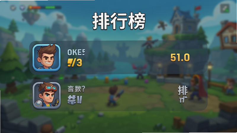 游戏排行榜界面预览,显示玩家头像、分数和排名,背景为模糊的游戏场景,文字清晰显示