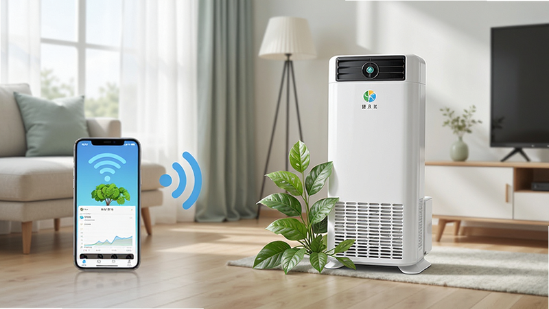 ���ὡ�����豸����ʾ��ͼ��չʾ�ֻ�ͨ��Wi-Fi�ź�������һ̨��ɫ�ķ������������������������Ҷװ����������������Ϊ�ִ�����һ�ǣ���ͼƽ�⣬ɫ�����£�����