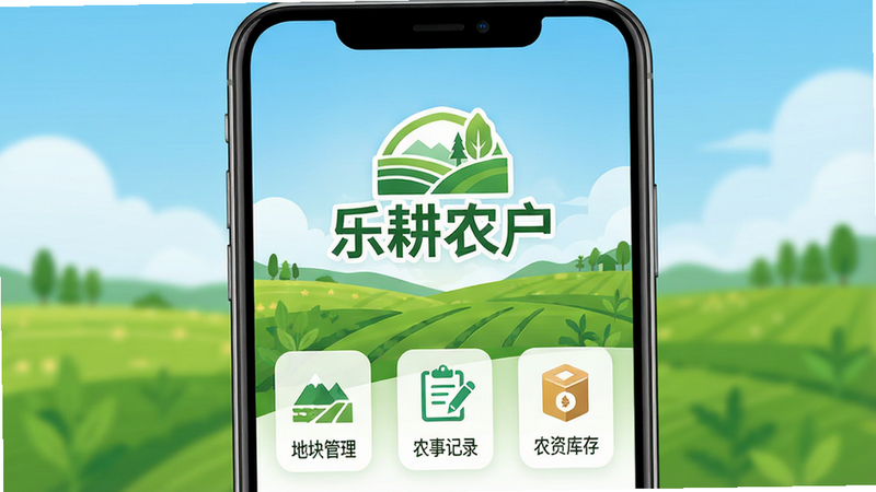 乐耕农户APP主界面展示,屏幕中央显示“乐耕农户”Logo,背景为绿色田野与蓝天,界面下方有“地块管理”、“农事记录”、“农资库存”三个主要功能图标,风格扁平化,色彩清新自然,高清画质,无多余元素