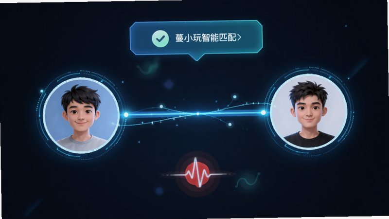展示蔓小玩智能匹配界面的示意图,主体为两个用户头像通过发光线条连接,布局居中对称,排版简洁明了,风格未来感强,细节包含匹配成功提示框和心跳动画效果,画质明亮,干净,无多余元素