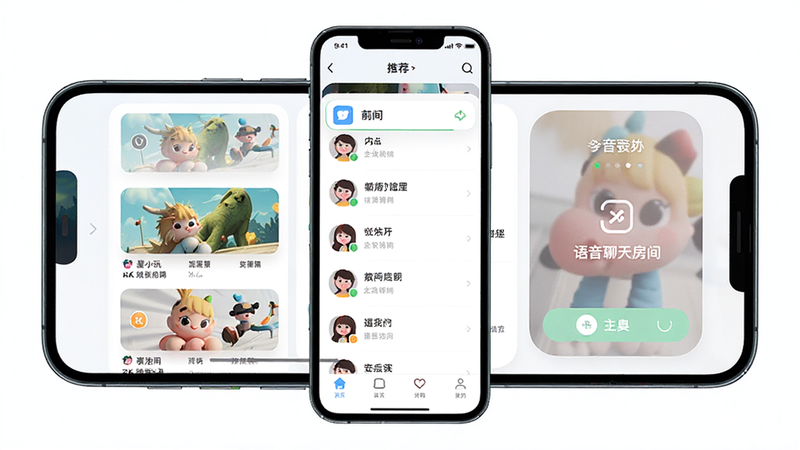 一张展示蔓小玩APP界面全景的高清图片,主体为手机屏幕,显示首页推荐列表和语音聊天房间入口,布局清晰整洁,排版现代简约,风格清新活泼,细节包含头像图标和文字标签,画质4k,干净,无多余元素