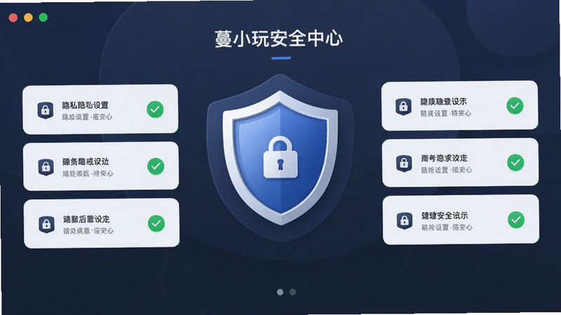 展示蔓小玩安全中心界面的概念图,主体为一个盾牌图标居中,周围环绕着隐私设置选项列表,布局层次分明,排版严谨规范,风格稳重可靠,细节包含锁形图标和绿色对勾标志,画质清晰,干净,无多余元素