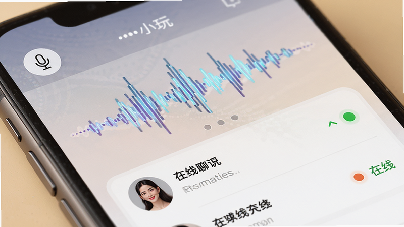 展示蔓小玩语音聊天界面的特写图,主体为手机屏幕上的语音波形动画和在线用户列表,布局紧凑有序,排版突出互动感,风格科技感与温馨并存,细节包含麦克风图标和在线状态点,画质高清,干净,无多余元素