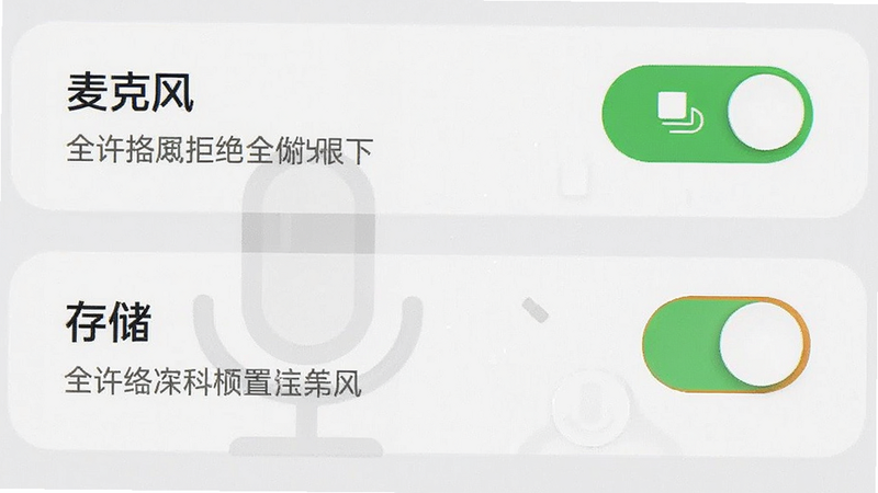 展示手机系统权限设置界面的示意图,主体为“麦克风”和“存储”权限开关,布局垂直排列,排版简洁清晰,风格系统原生UI,细节包含允许/拒绝按钮和说明文字,画质真实,干净,无多余元素