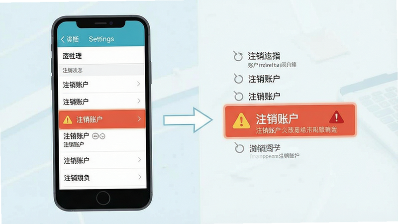 展示账户注销流程的步骤图,主体为手机屏幕上的设置菜单列表,突出显示“注销账户”选项,布局纵向排列,排版清晰易懂,风格简约扁平化,细节包含箭头指引和警告图标,画质清晰,干净,无多余元素