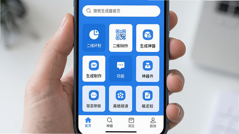 主体为手机界面截图,展示二维码制作生成神器首页,布局清晰,顶部搜索栏,中间功能网格,底部导航栏,风格扁平化科技蓝,细节显示高清图标,画质4k,干净,无多余元素,文字:二维码制作生成神器