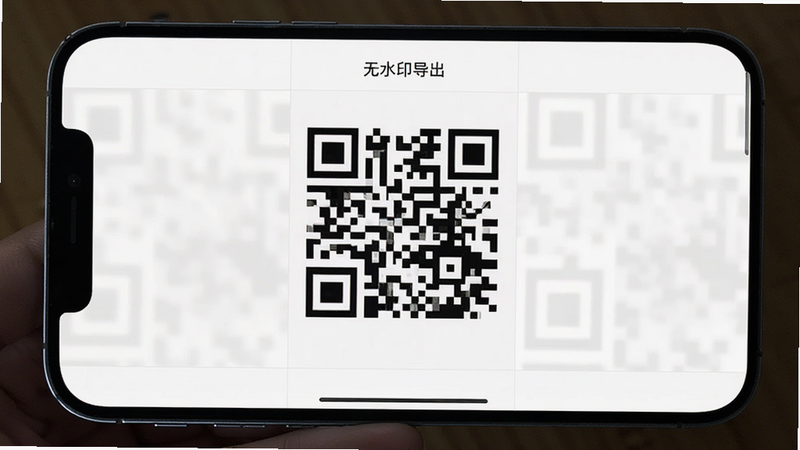 主体为手机相册界面,显示刚生成的二维码图片,布局网格视图,风格简洁白色背景,细节显示图片无水印,画质高清,干净,无多余元素,文字:无水印导出