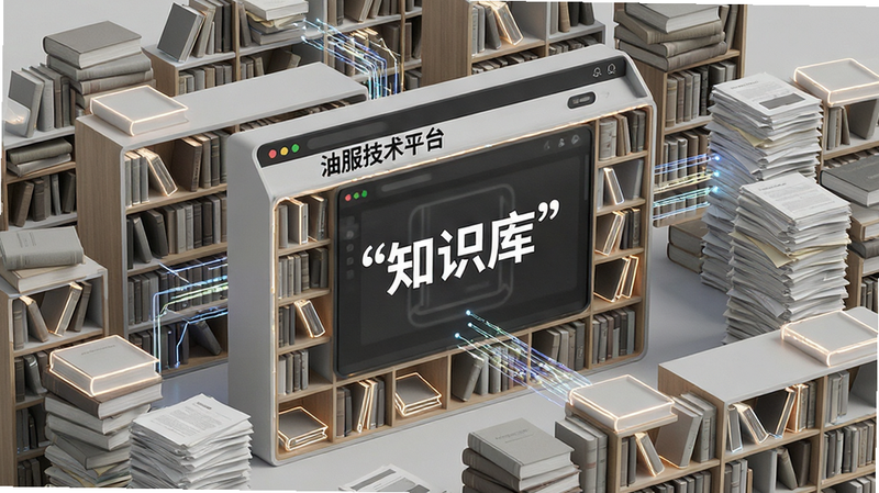 生成一张展示海量书籍和文档堆叠的3D渲染图,主体为“油服技术平台”的知识库界面,布局为书架式排列,排版整齐有序,风格为极简主义,细节包含发光的书本轮廓和连接数据的线条,画质精细,干净,无多余元素,文字“知识库”加引号