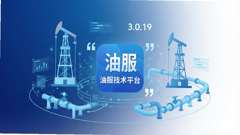 画面主体为油服技术平台3.0.19版本的应用程序界面展示图,布局采用中心对称式构图,屏幕中央清晰显示“油服技术平台”APP图标,周围环绕着石油钻井塔、管道输送等淡蓝色科技感线条元素,背景为深蓝色渐变至白色的柔和过渡,排版简洁大气,风格为现代扁平化商务科技风,细节处包含数据流粒子效果,画质超高清,干净无多余元素,文字“油服技术平台”加引号展示
