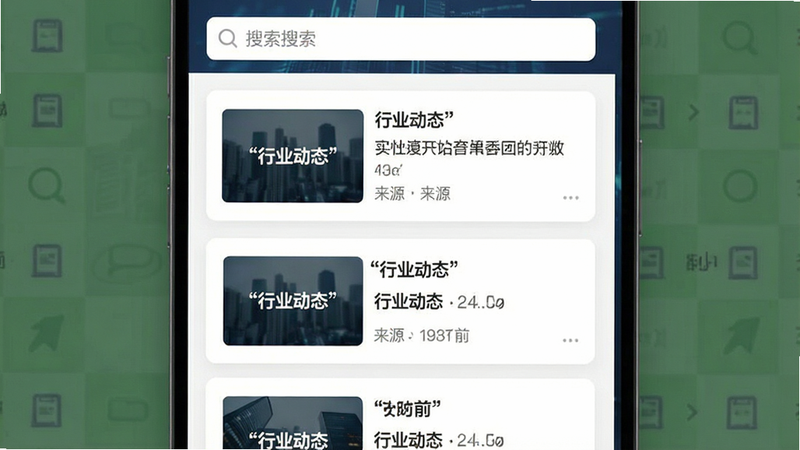 新闻列表界面展示,顶部有搜索栏,下方是多条新闻卡片,布局为流式瀑布流,排版紧凑,风格为专业资讯APP风格,细节包含时间戳和来源标识,画质高清,干净,无多余元素,文字“行业动态”加引号