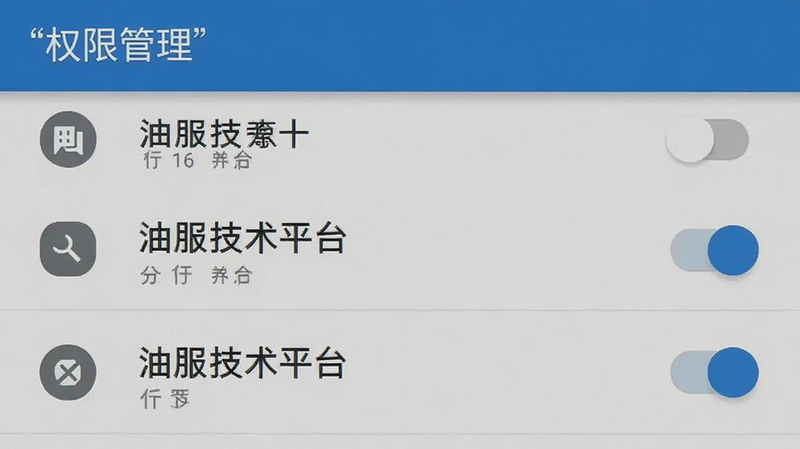 手机设置界面截图,显示应用权限管理页面,主体为“油服技术平台”的权限开关,布局列表式,排版清晰,风格为Android系统原生风格,细节包含权限图标和开关状态,画质清晰,干净,无多余元素,文字“权限管理”加引号