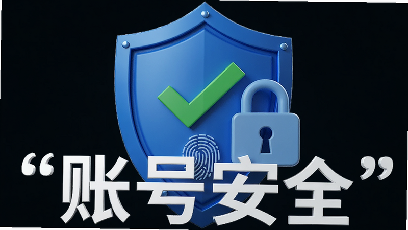 盾牌图标与锁头组合的3D渲染图,主体为蓝色盾牌,布局中心对称,排版简洁,风格为科技安全感,细节包含绿色对勾和指纹识别图案,画质精细,干净,无多余元素,文字“账号安全”加引号