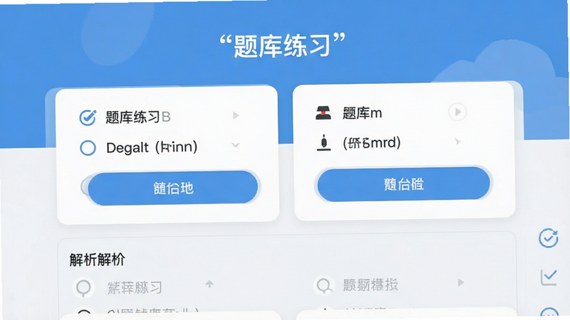 题库练习界面展示,主体为选择题卡片,布局上下结构,排版简洁,风格为教育类APP风格,细节包含选项按钮和解析区域,画质高清,干净,无多余元素,文字“题库练习”加引号