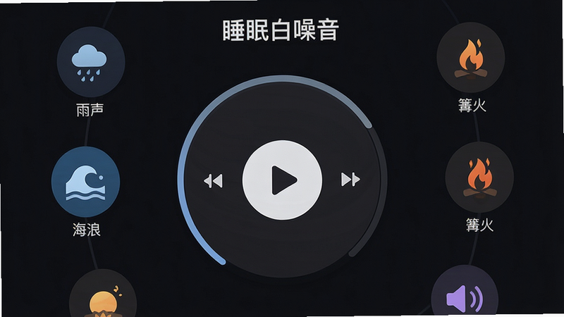 一张高清的手机应用界面截图,主体是“睡眠白噪音”App的主界面,深色背景,中央显示一个圆形的播放控制盘,周围环绕着“雨声”、“海浪”、“篝火”等音频图标,布局简洁对称,风格极简现代,细节清晰,画质8k,干净,无多余元素