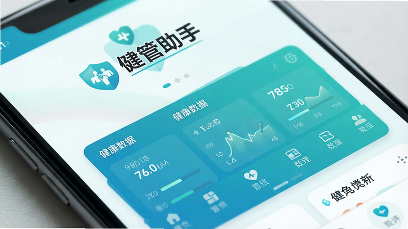 一张高清的手机屏幕特写图,主体显示“健管助手”APP的主界面,布局为典型的安卓卡片式设计,顶部有醒目的Logo,中间展示健康数据仪表盘,底部为导航栏,整体风格为现代简约科技风,色调以清新的蓝绿色为主,细节处体现UI设计的精致感,画质清晰,无多余元素,文字清晰可读。