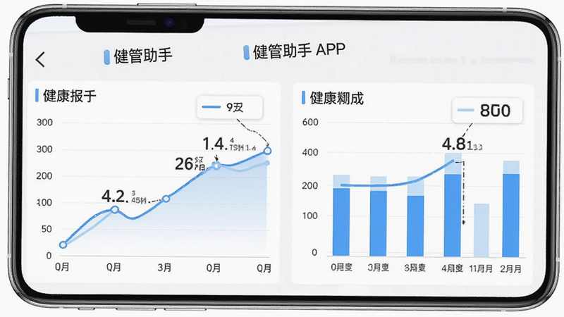 展示“健管助手”APP生成的健康报告界面,主体为数据可视化图表,包括折线图和柱状图,布局紧凑且信息层级分明,背景为纯白色以突出数据,风格专业严谨,细节处有微小的数据标注,画质清晰,无多余装饰,文字清晰。