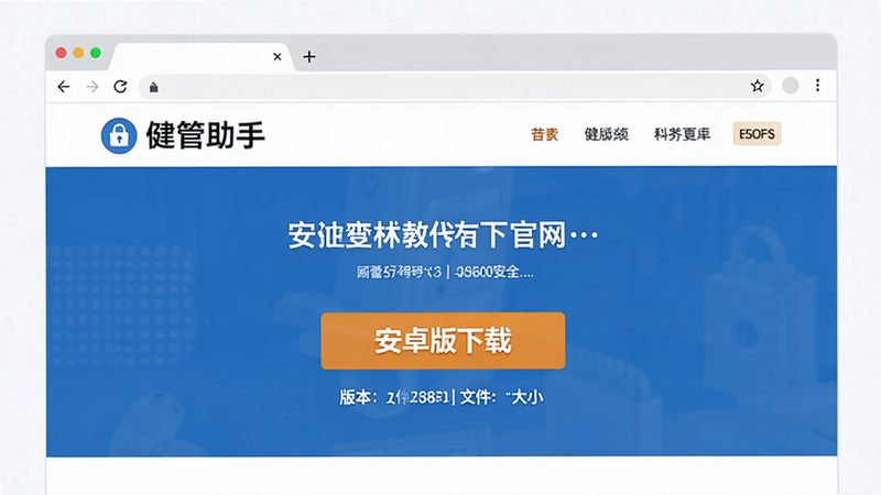 电脑浏览器打开“健管助手”官网下载页面的示意图,主体为网页布局,包含醒目的“安卓版下载”按钮、版本号和文件大小显示,布局整洁专业,风格为企业官网标准设计,细节处有安全锁图标,画质清晰,无多余元素,文字清晰。