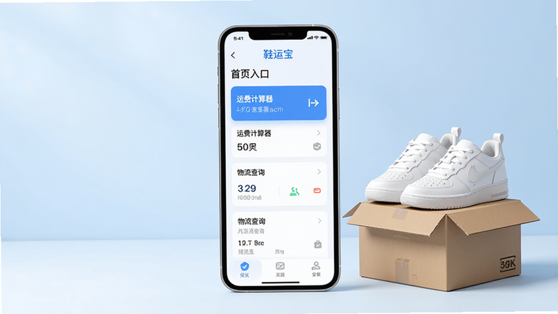主体为鞋运宝App界面全景,布局清晰展示首页寄件入口、运费计算器及物流查询模块,排版采用扁平化设计,风格简约现代,细节包含一双白色运动鞋置于纸箱旁,背景为柔和的浅蓝色渐变,画质高清8k,干净无多余元素,文字标注“鞋运宝”