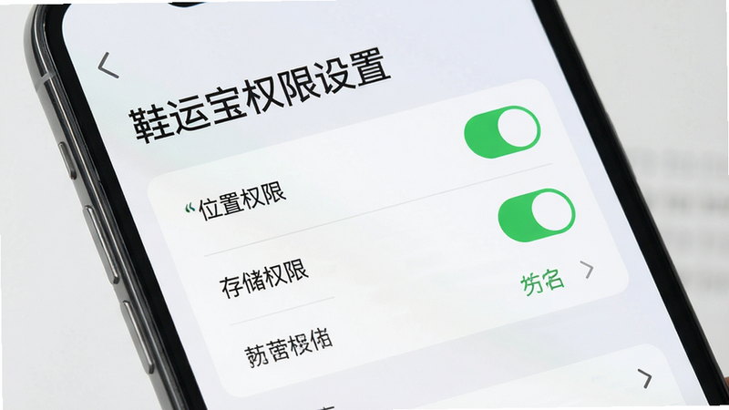 主体为手机屏幕显示鞋运宝设置界面,布局聚焦于权限管理列表,排版清晰,风格扁平,细节显示“位置权限”、“存储权限”已开启,背景为浅灰色,画质高清,干净,文字标注“鞋运宝权限设置”