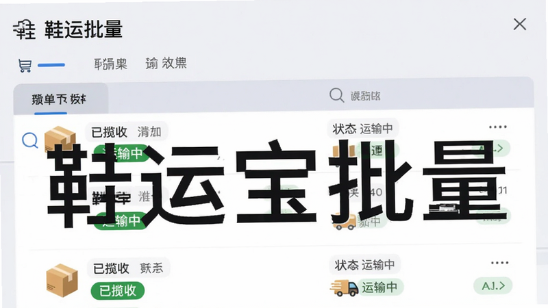 主体为鞋运宝批量发货界面,布局展示列表形式的订单信息,排版紧凑,风格商务风,细节包含多个包裹图标及状态标签“已揽收”、“运输中”,背景为淡灰色,画质高,干净,文字标注“鞋运宝批量”