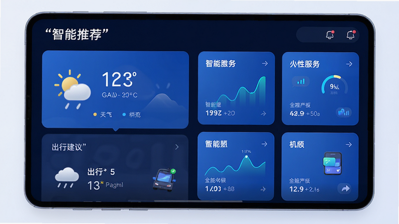 主体是知巧APP的智能推荐界面,布局为卡片式流,左侧显示天气与出行建议,右侧显示个性化服务卡片,风格科技感蓝色调,细节包含数据动态效果,文字'智能推荐',画质高清,干净,无多余元素