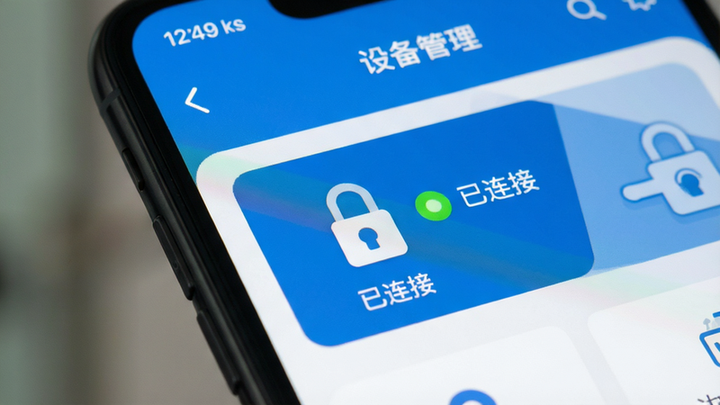 手机屏幕特写,显示“巨将智能”APP中的“设备管理”页面,一个智能门锁图标处于高亮选中状态,旁边有“已连接”绿色指示灯,背景模糊处理突出界面,UI设计扁平化,色彩清新,细节清晰