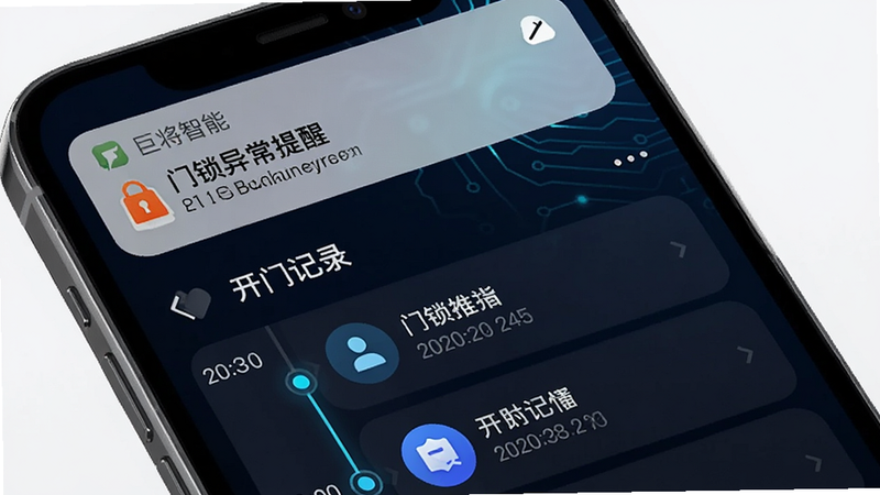 手机通知栏与APP消息页面联动展示,顶部显示“巨将智能”推送的“门锁异常提醒”消息,下方APP界面显示详细的“开门记录”时间轴,包含图标、时间和描述,界面布局紧凑,信息密度适中,科技感强