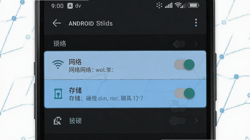 一张展示手机设置权限界面的示意图,主体为安卓系统权限设置页,高亮显示“网络”、“存储”权限选项,布局清晰,风格简洁,细节包含开关状态,高清画质,无多余图标