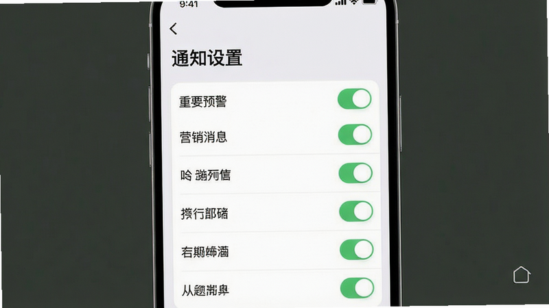 一张展示APP内部通知设置界面的UI设计图,主体为开关列表,包含“重要预警”、“营销消息”等选项,布局整齐,风格简约,细节清晰,高清画质,无背景干扰