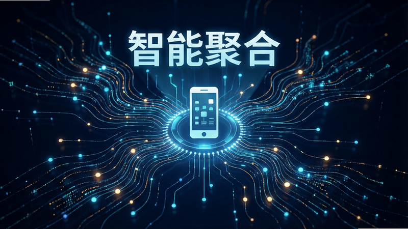 主体为抽象的数据流动线条汇聚到中心手机图标,布局呈放射状,排版平衡,风格科技感,细节包含发光节点与数据流,画质高清,干净,文字