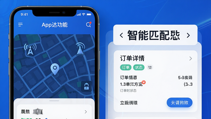 ������������App���ܽ��棬����չʾ��ͼ�����붩�����鿨Ƭ���Ű����ҷ��������Ƽ�����ɫ����ϸ����ʾGPS�ź�ͼ���붩��״̬��ǩ�������������ɾ����޶���Ԫ�أ�����